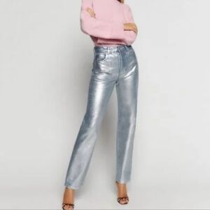 Reformation Cynthia High Rise Coated Straight Jeans in Silver NEW